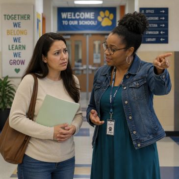 Teacher explaining directions to a concerned parent in a school hallway.