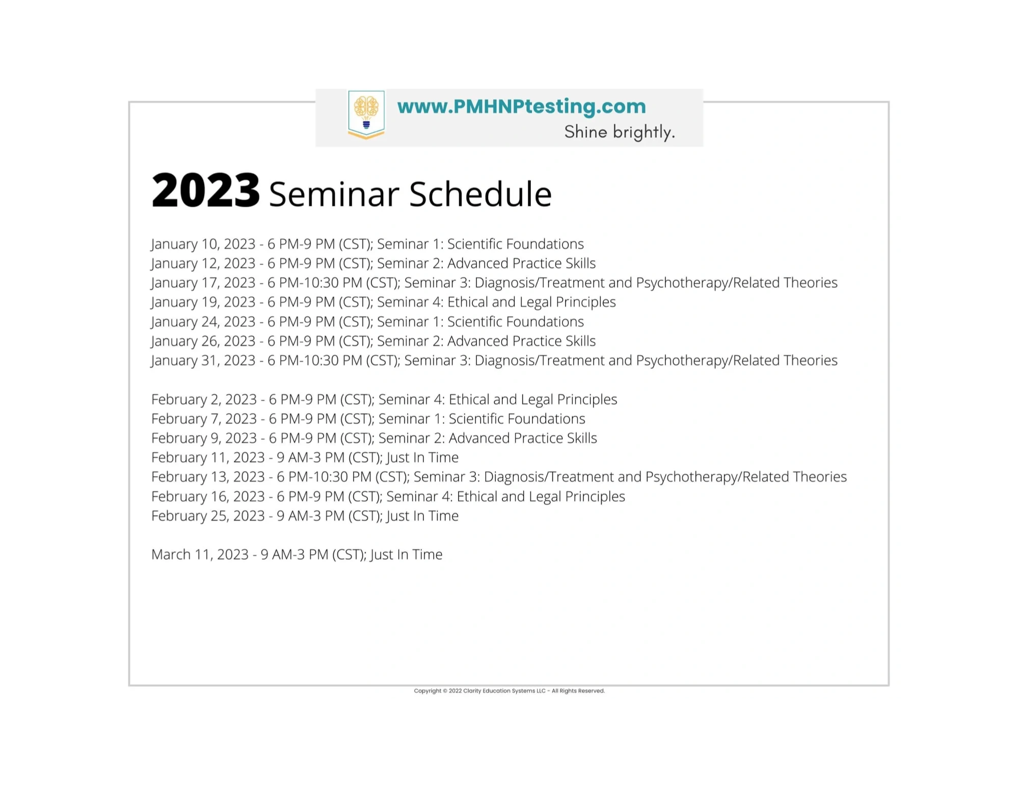 Seminar Schedule PMHNPtesting