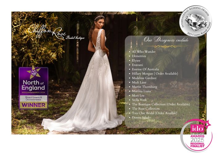 Bride in elegant lace gown with award-winning Chiffon Rose Bridal Boutique logos.