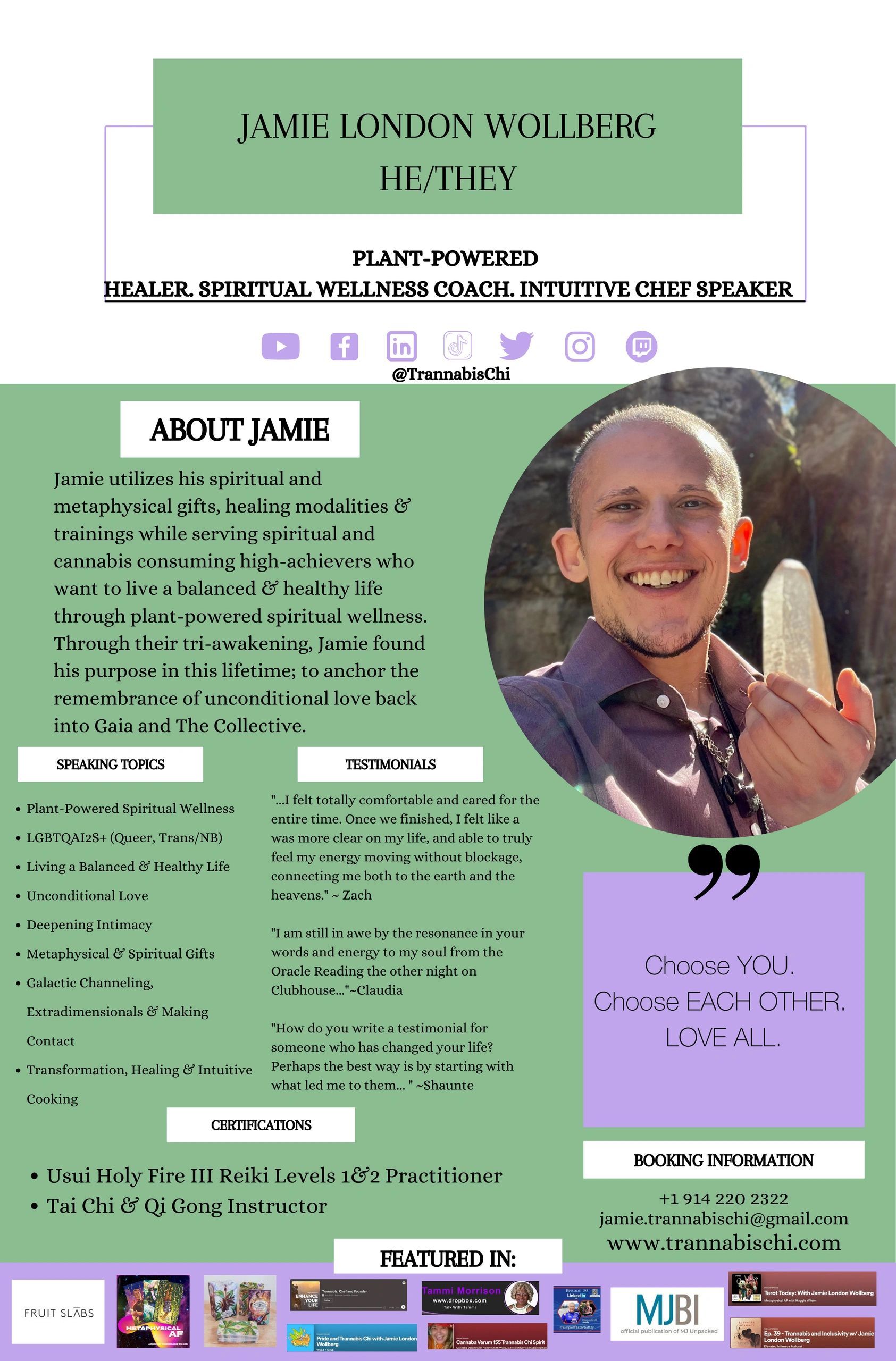 Jamie's sage green and purple, black text white backgrounds speaker one sheet with details for hire