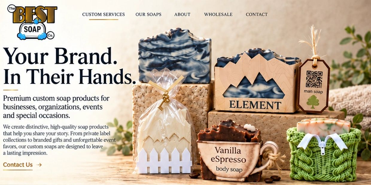Custom branded soaps displayed with elegant packaging for businesses.