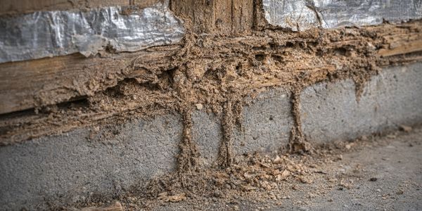 Example of termite mud tubes and structural wood damage along a foundation wall. In Harrisburg PA