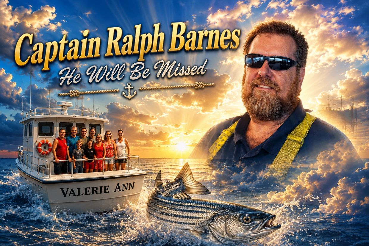 Memorial tribute to Captain Ralph Barnes with a fishing boat, group, and sunset.