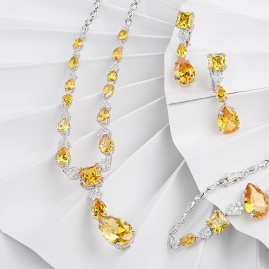Elegant yellow gemstone jewelry set with necklace, earrings, and bracelet.