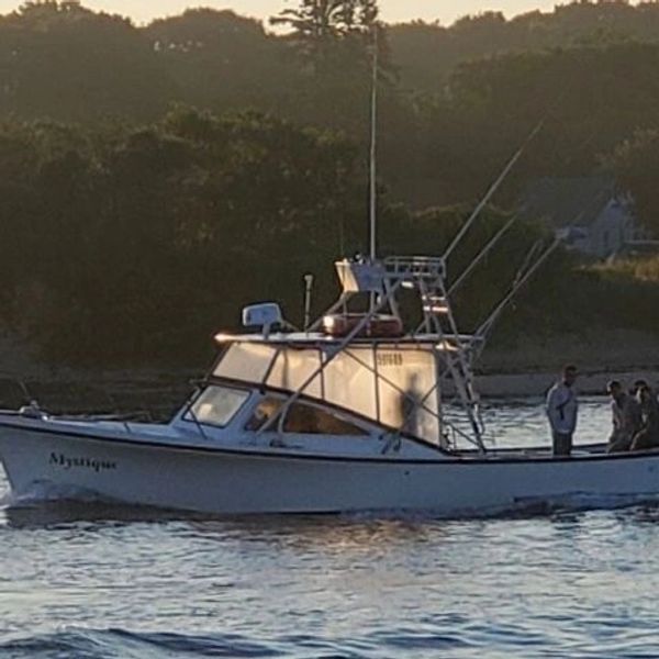Fishing boat named Mystique on the water with people onboard.