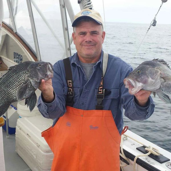Man on a boat holding two large fish.