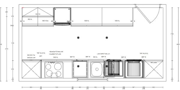 Top-view kitchen layout with detailed appliance and cabinet measurements.