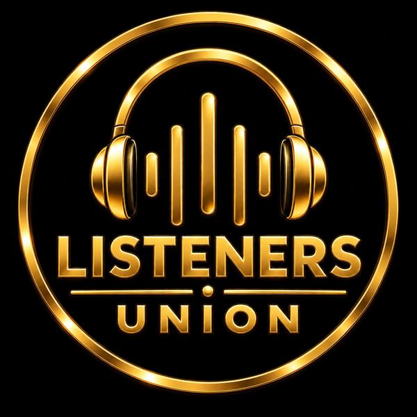 Golden logo of Listeners Union with headphones and sound bars.