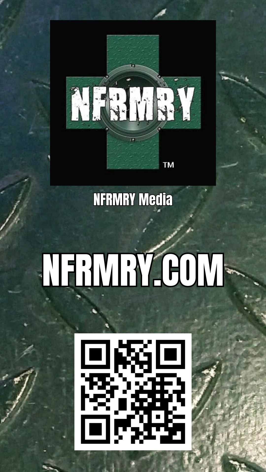 NFRMRY logo and website with QR code on textured background.