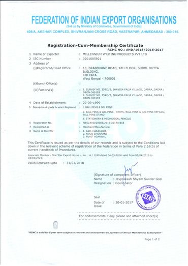 Certificate Of FIEO (Federation Of Indian Export Organisation) Membership