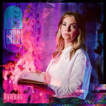 Woman in white shirt holding a burning book with pink flames and purple background.