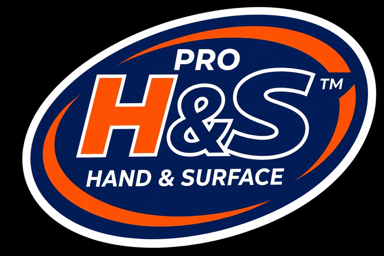 Pro H&amp;S Hand &amp; Surface cleaning product logo in blue, orange, and white.