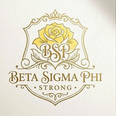 Gold emblem of Beta Sigma Phi with a rose and the word 'Strong'.
