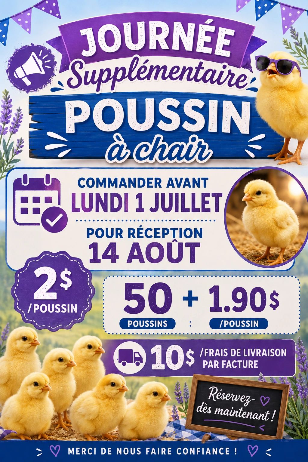 Annonce pour la vente de poussins à chair avec dates et prix.