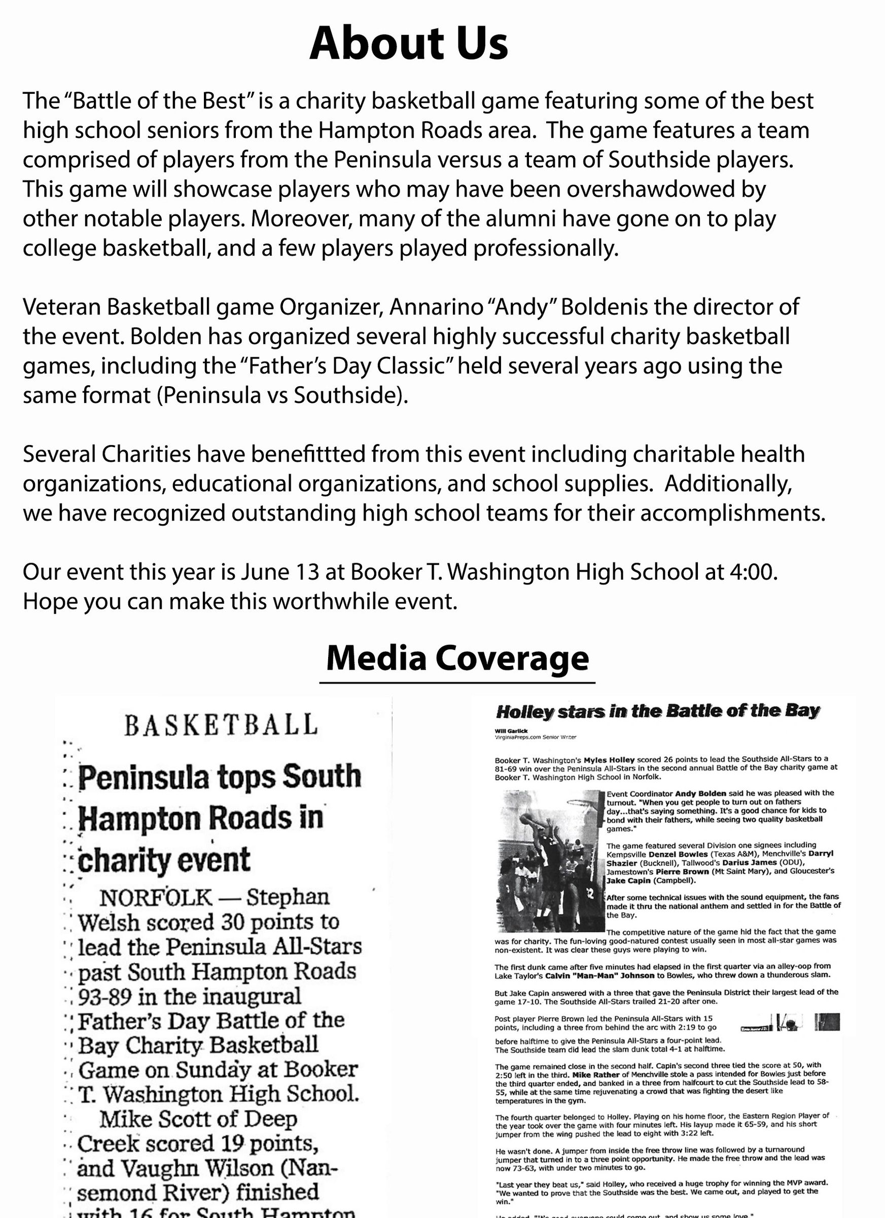 Charity basketball game featuring top high school seniors from Hampton Roads, with media coverage highlights.