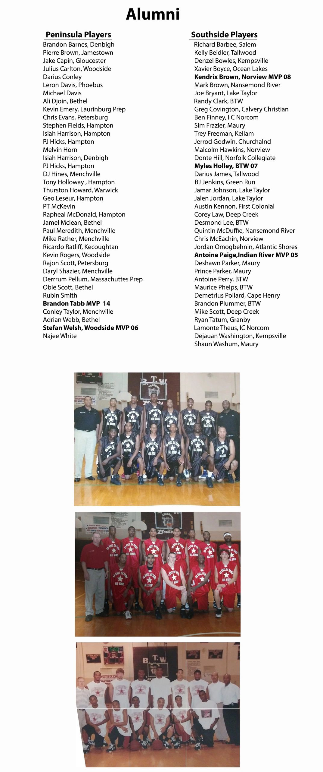 List of Peninsula and Southside basketball alumni with team photos in different uniforms.