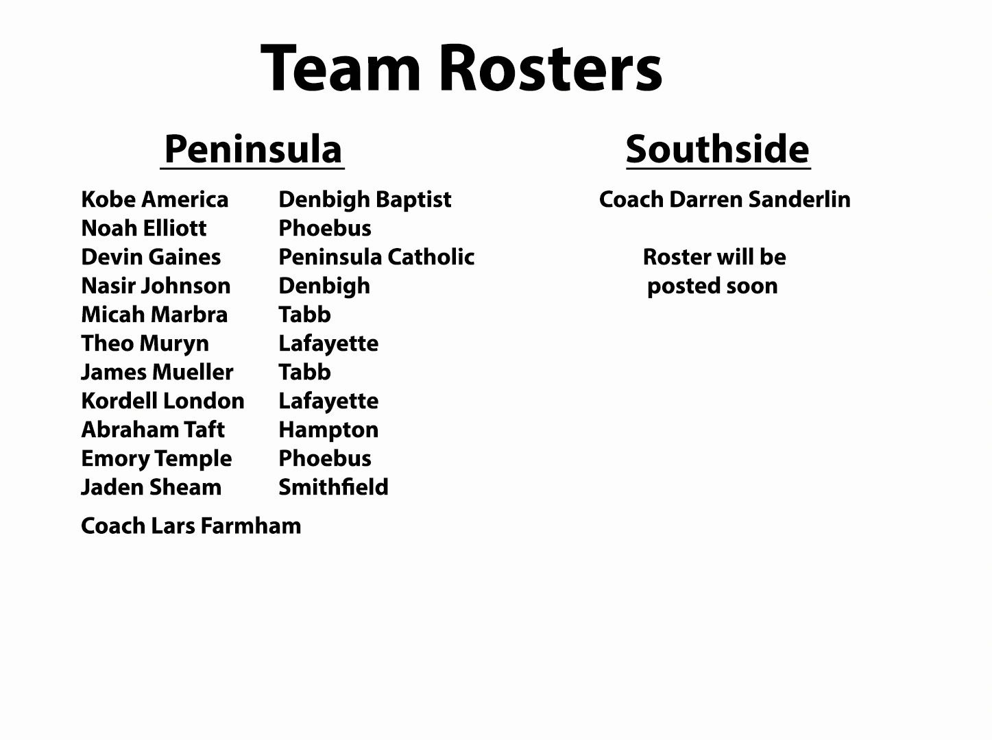 Team rosters for Peninsula and Southside with player names and schools listed for Peninsula.