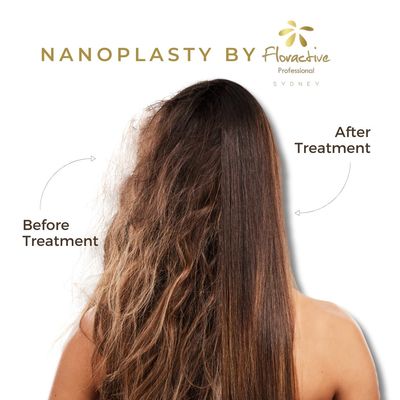 Before and after Nanoplasty hair treatment showing frizzy to smooth hair.