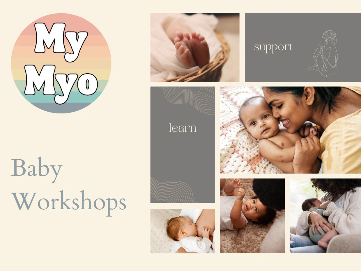 Baby workshop with Myo Logo and pictures of baby and moms