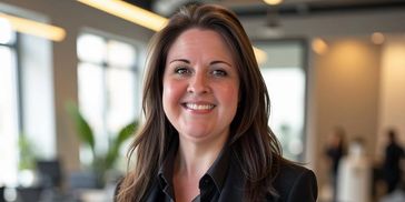 Professional woman smiling confidently in a modern office environment.
