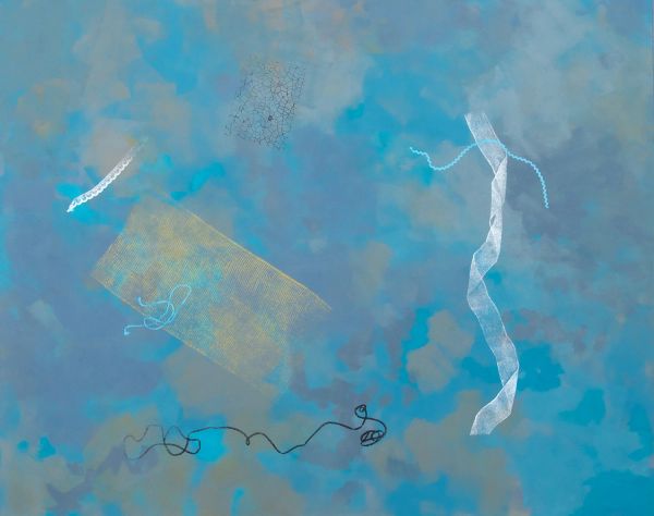 Abstract blue and gray painting with delicate white and black lines.