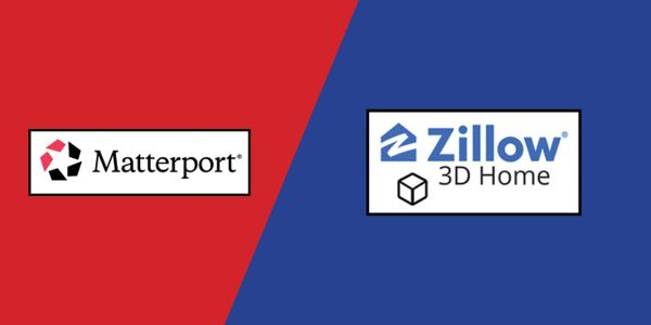 Matterport and Zillow 3D Home logos side by side on red and blue backgrounds.