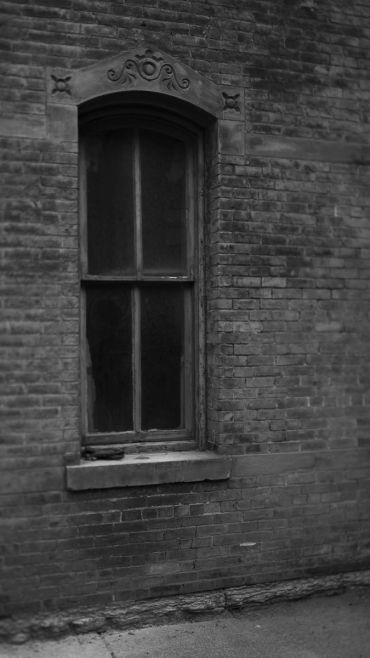 Old brick wall with an arched window.