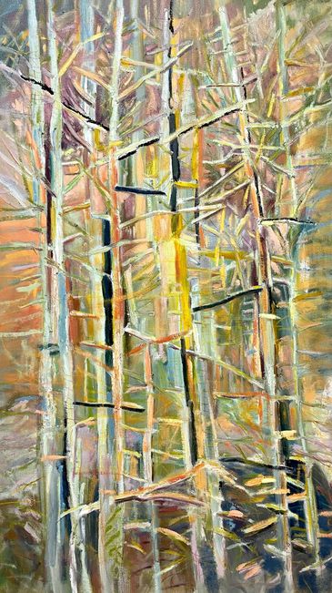 Row of abstract thin tall trees in the Pine Barrens with warm yellows and oranges. 