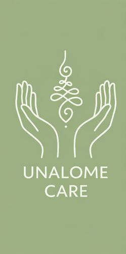 Minimalist logo with hands and Unalome symbol on green background.