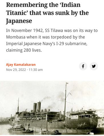 SS Tilawa
Tilawa 1942
The Forgotten Tragedy
Ajay Kamalakaran
Scroll.In
80th Commemoration 
Titanic