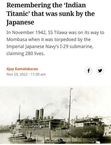 SS Tilawa
Tilawa 1942
The Forgotten Tragedy
Ajay Kamalakaran
Scroll.In
80th Commemoration 
Titanic