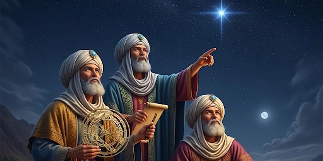 Three wise men studying a bright star in the night sky with ancient tools.