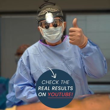 Surgeon in scrubs gives a thumbs up with a message to check real results on YouTube.