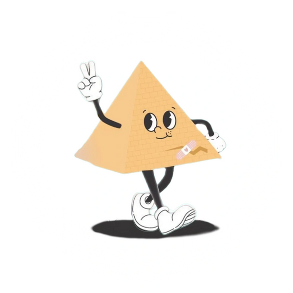 a graphic of a cracked pyramid (podcast logo) with arms, legs, and a face, throwing the peace sign