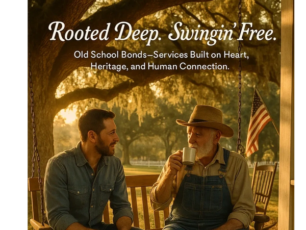 Two men share a moment on a porch swing at sunset, embodying heritage and connection.