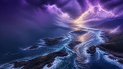 A dramatic lightning storm over a rugged coastline at dusk.