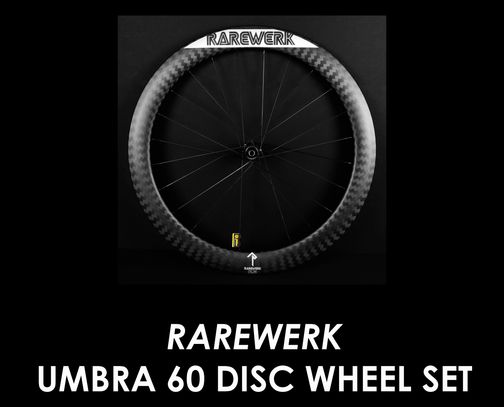 Rarewerk Umbra custom carbon wheel set. color logo weave size. road race tubeless ready clincher