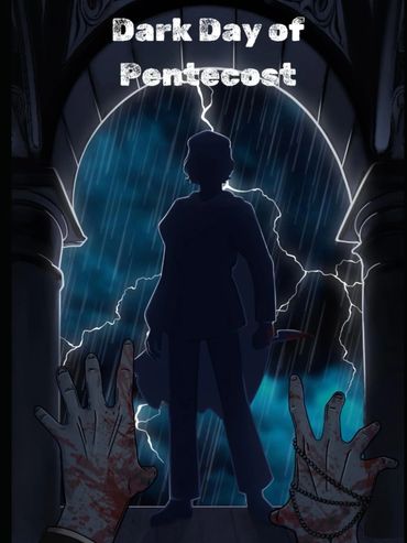 Silhouetted figure with knife in stormy night titled Dark Day of Pentecost.