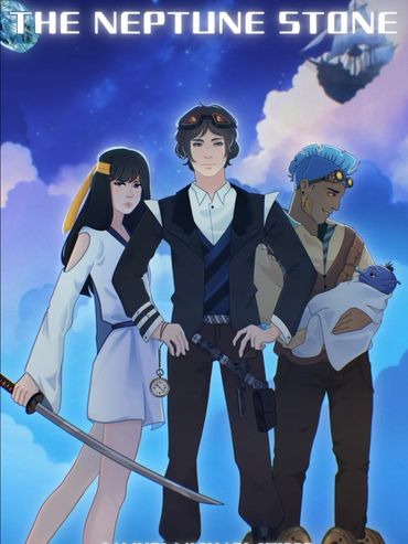 Three characters from The Neptune Stone with a sci-fi background.