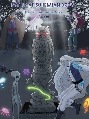 Fantasy characters face off around a glowing owl statue at night.