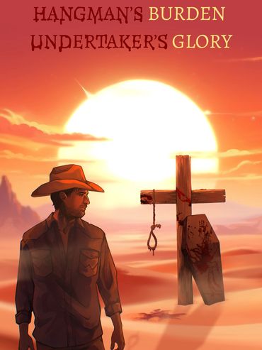 Man in a cowboy hat looking at a cross with a noose and sunset.