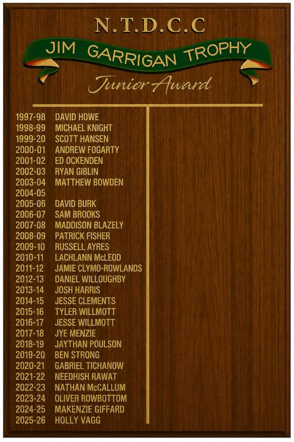 Wooden award plaque listing Jim Garrigan Trophy junior winners from 1997 to 2026.