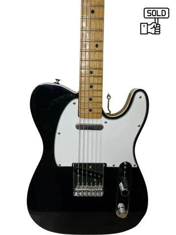 Black electric guitar with a maple neck and white pickguard.