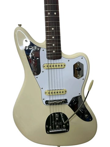 Cream-colored electric guitar with a vintage design and dual pickups.
