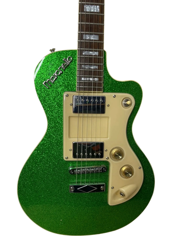 Green glitter electric guitar with dual pickups and gold knobs.