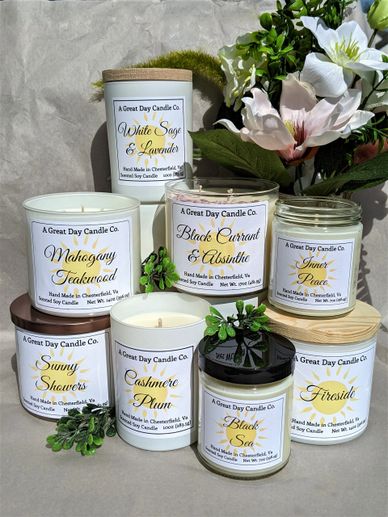 Hand-poured scented soy candles in over 40 fragrances and various sizes! We also make scented soy wa