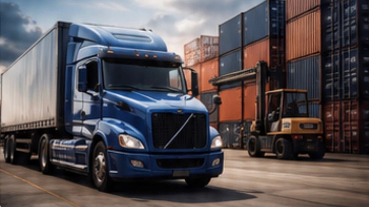 Blue semi-truck at a shipping container yard.