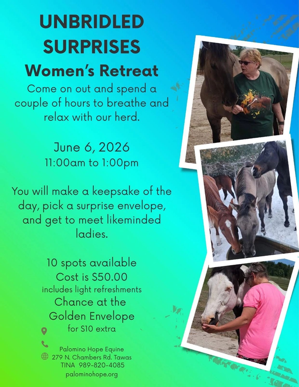 Women's retreat with horses on June 6, 2026, for relaxation and surprises.