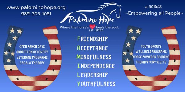 Palomino Hope promotes healing through horse therapy and community programs.