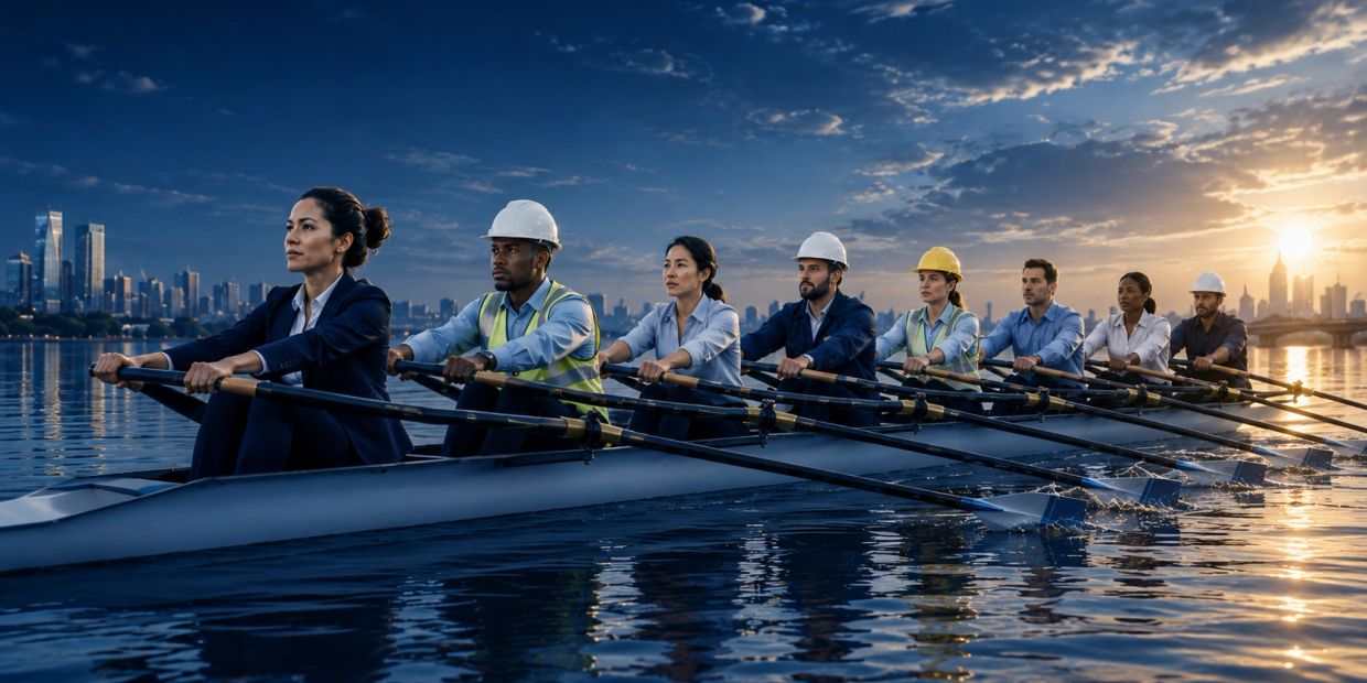 Business and construction professionals rowing together on a boat at sunset.
